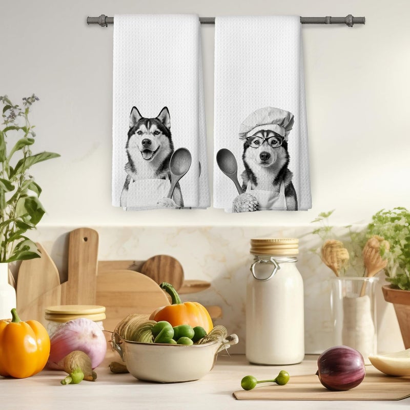 Mcehtle Funny Siberian Husky Kitchen Towels Set of 2, Dog Kitchen Accessories, Dog Chef Gift Hand Towel, Gifts for Dogs Mom Lovers Women, Dining Room Decorative Tea Towel Dish Towels 16x24 Inch - Image 4